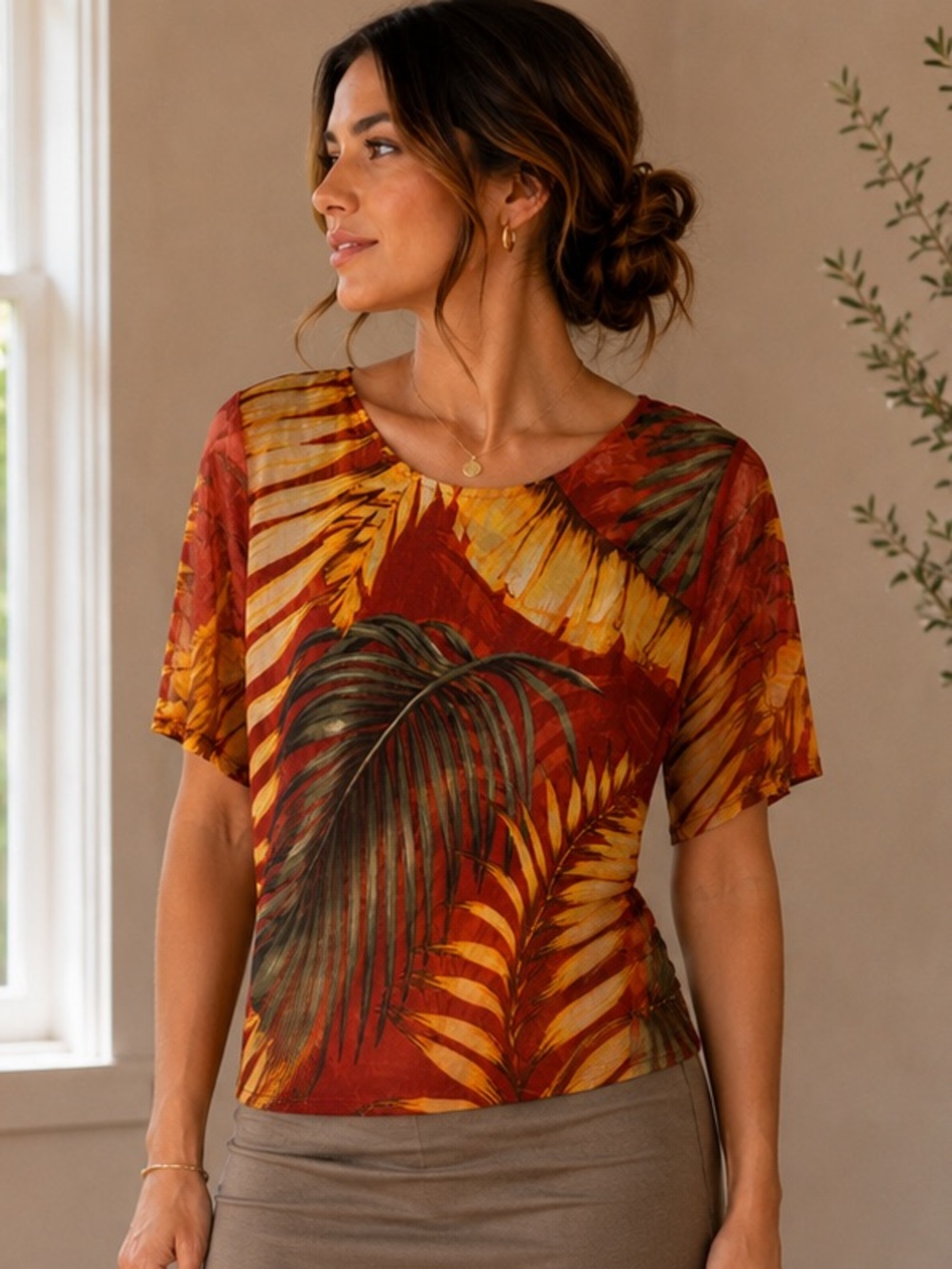 West K Rust Palm-Print Mesh Top